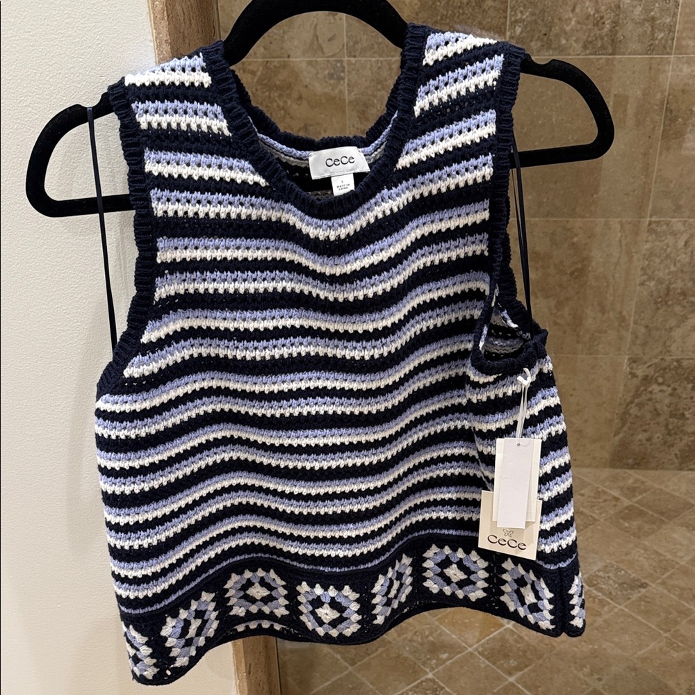 CeCe Navy and White Crochet Stripe Tank Top
